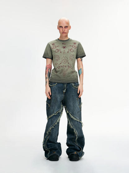 Personsoul Tie-Dye Raw-Edge Baggy Jeans-IYAMIUIO