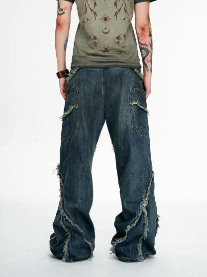Personsoul Tie-Dye Raw-Edge Baggy Jeans-IYAMIUIO