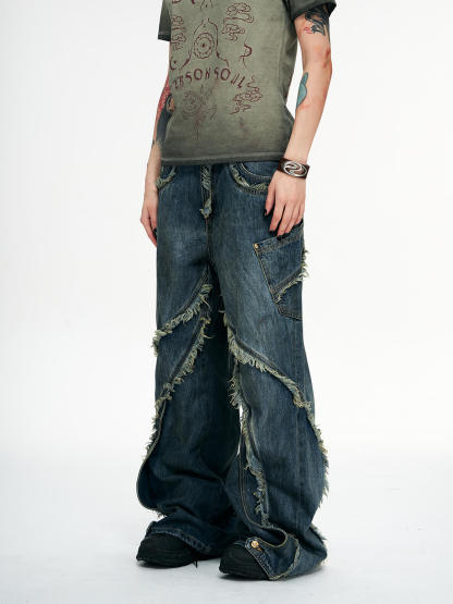 Personsoul Tie-Dye Raw-Edge Baggy Jeans-IYAMIUIO