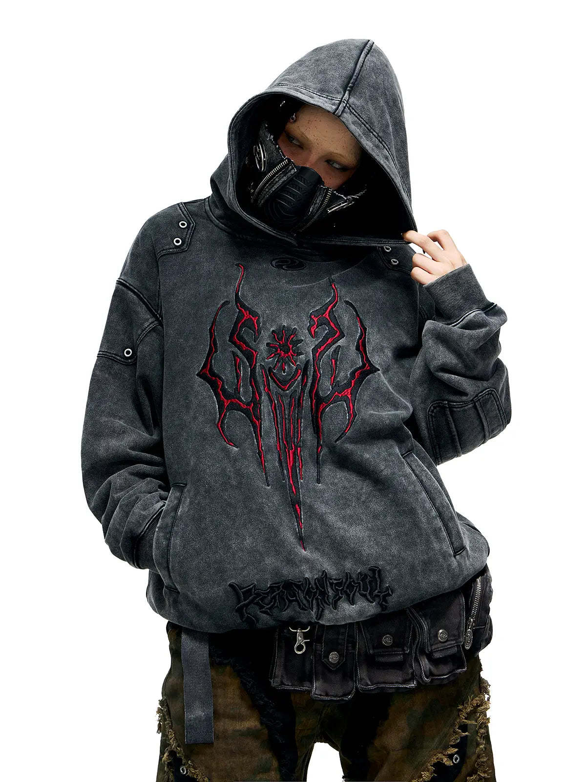 Personsoul Totem Embroidered Washed Hoodie-IYAMIUIO