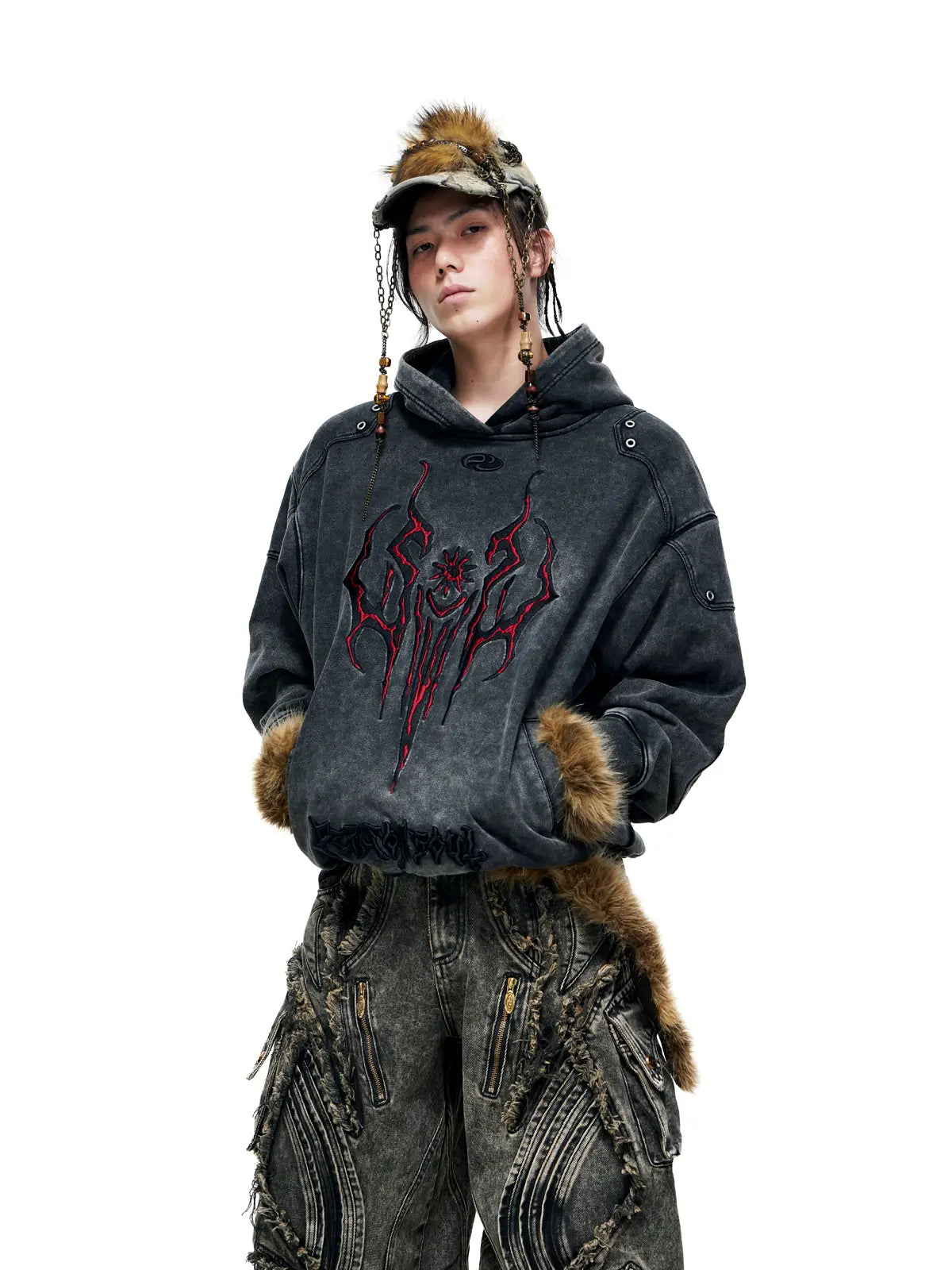 Personsoul Totem Embroidered Washed Hoodie-IYAMIUIO