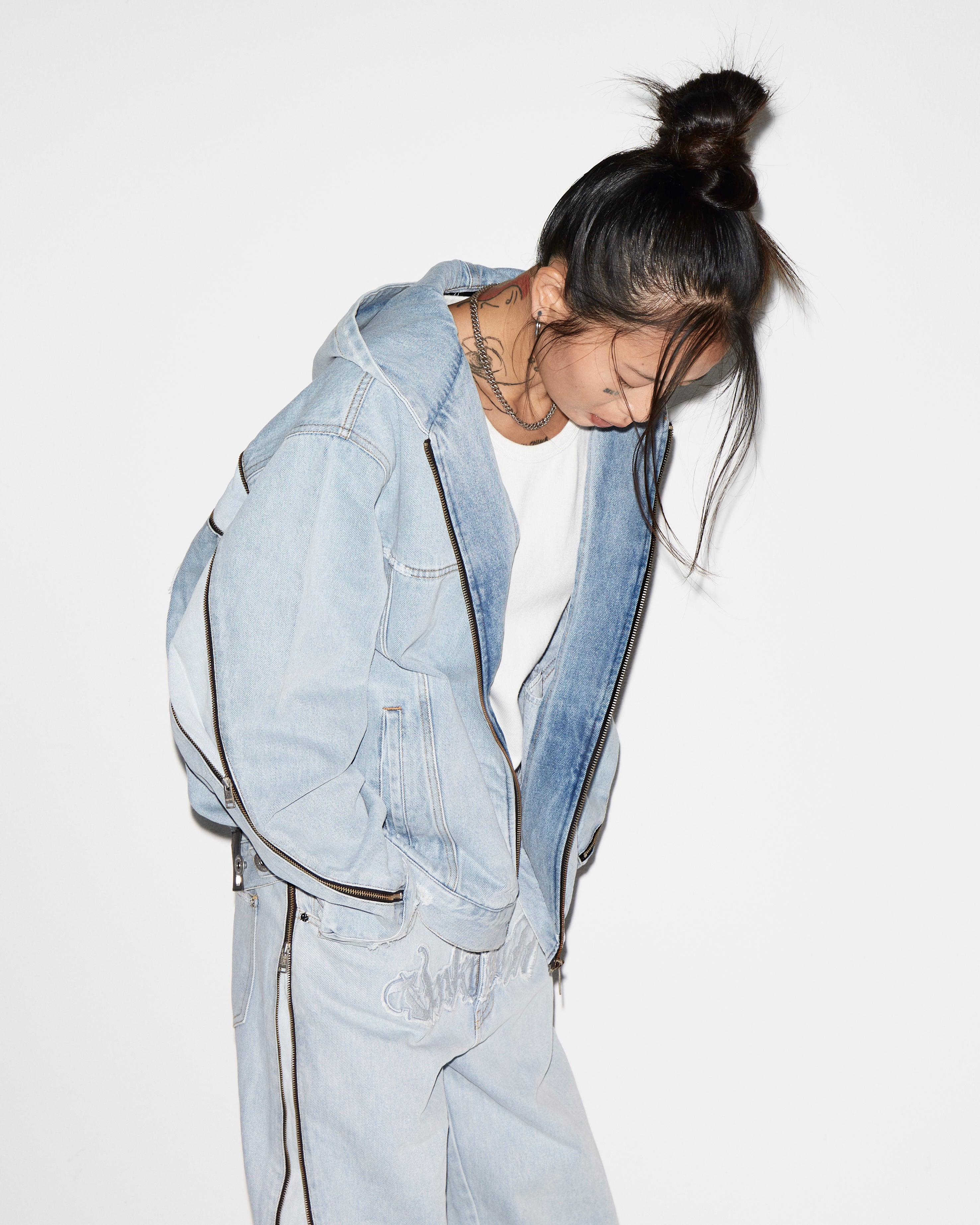 BLEACHED ZIP BAGGY DENIM-IYAMIUIO
