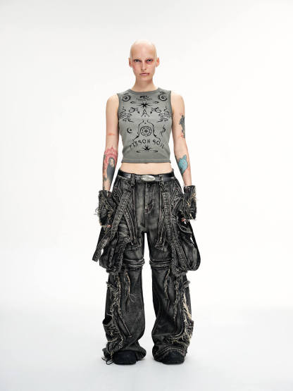 Personsoul Black Detachable Denim Overalls-IYAMIUIO