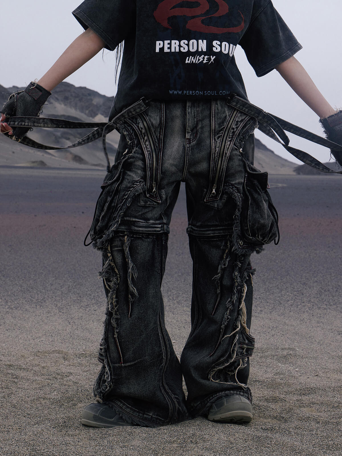 Personsoul Black Detachable Denim Overalls-IYAMIUIO