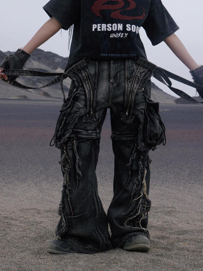 Personsoul Black Detachable Denim Overalls-IYAMIUIO