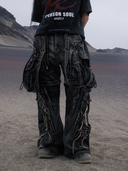 Personsoul Black Detachable Denim Overalls-IYAMIUIO