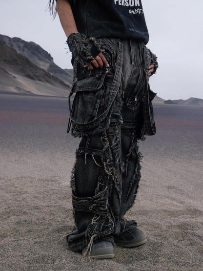 Personsoul Black Detachable Denim Overalls-IYAMIUIO