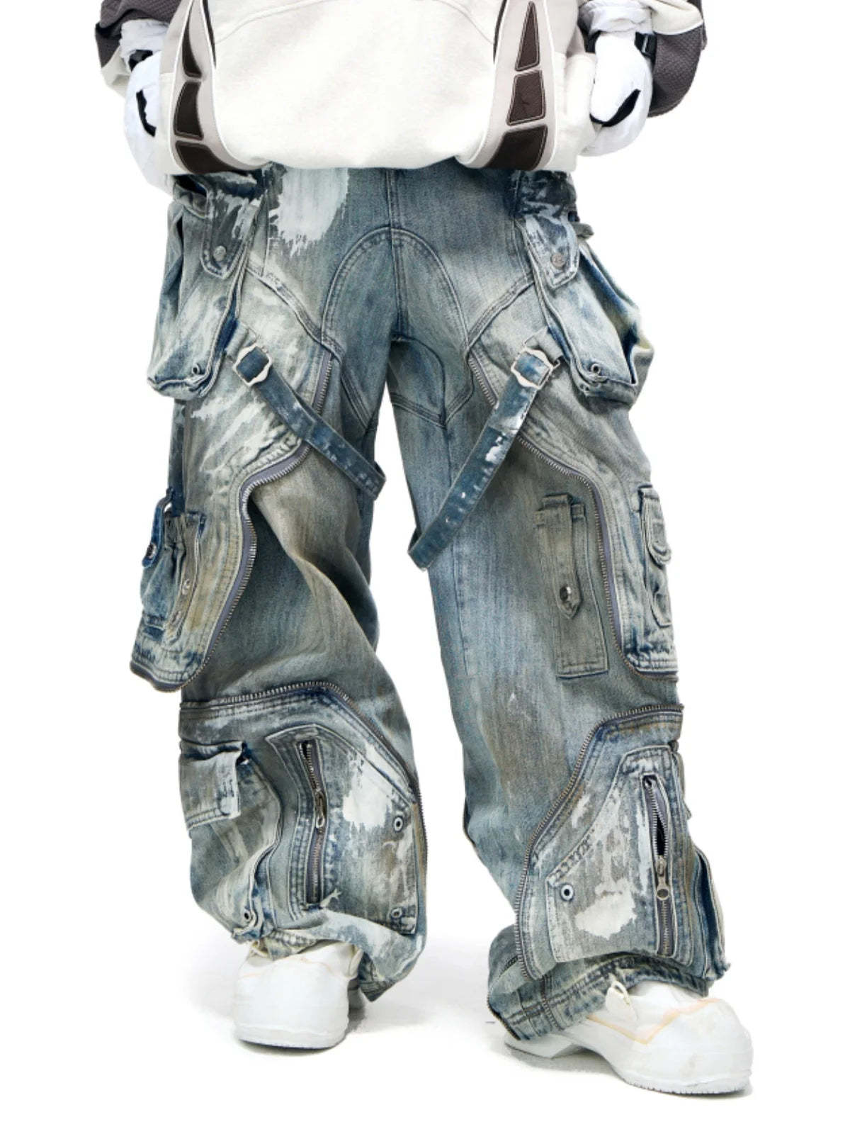 Personsoul White Stain Graffiti Cargo Pants-IYAMIUIO