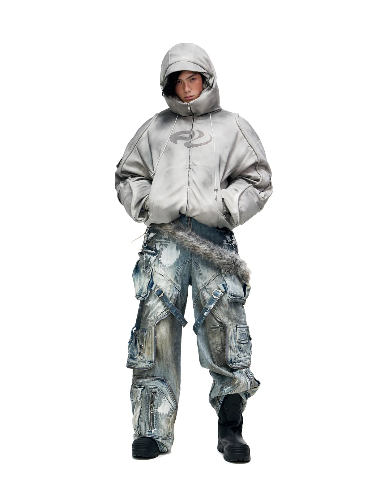 Personsoul White Stain Graffiti Cargo Pants-IYAMIUIO