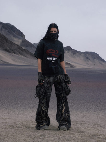 Personsoul Basic Logo Washed Oversized T-Shirt-IYAMIUIO