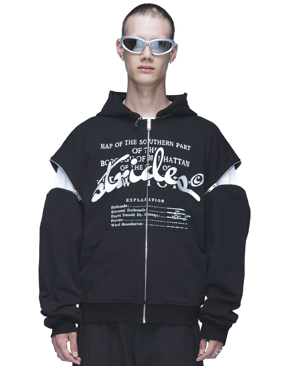 Detachable Concrete Zip Hoodie Black-IYAMIUIO