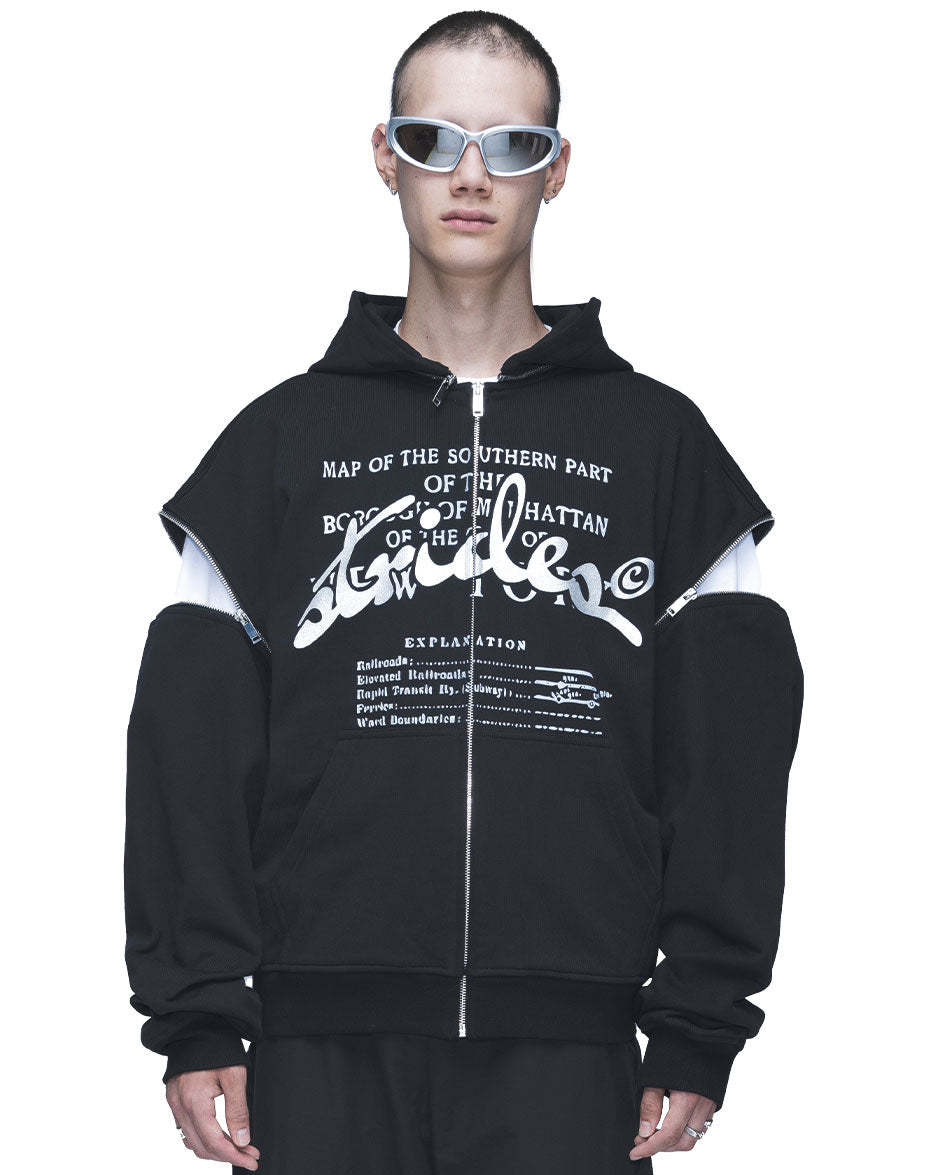 Detachable Concrete Zip Hoodie Black-IYAMIUIO
