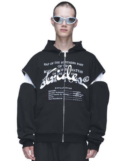 Detachable Concrete Zip Hoodie Black-IYAMIUIO