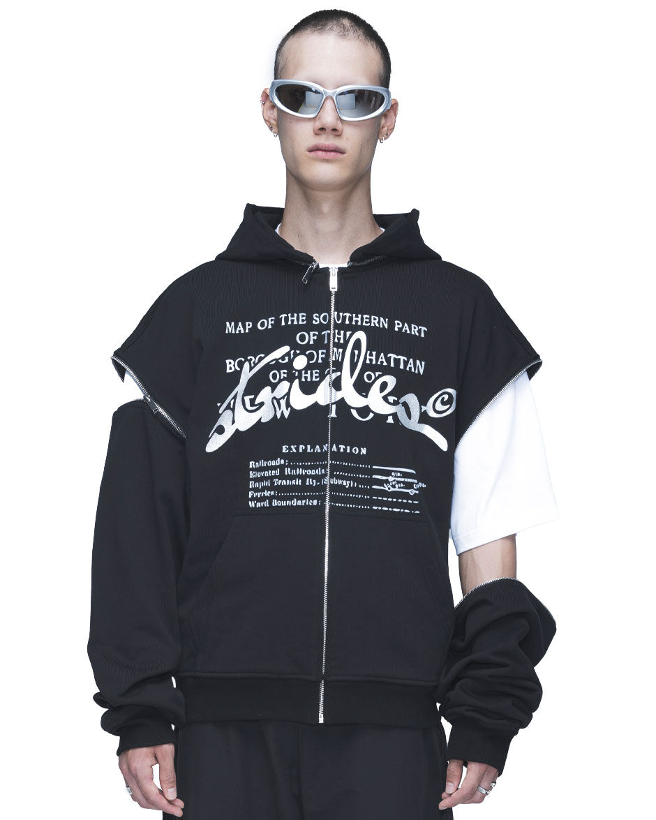 Detachable Concrete Zip Hoodie Black-IYAMIUIO