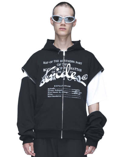 Detachable Concrete Zip Hoodie Black-IYAMIUIO