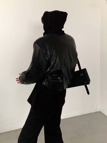 【23s November.】Crocodile Pattern Shoulder Pad Pu Leather Jacket-IYAMIUIO