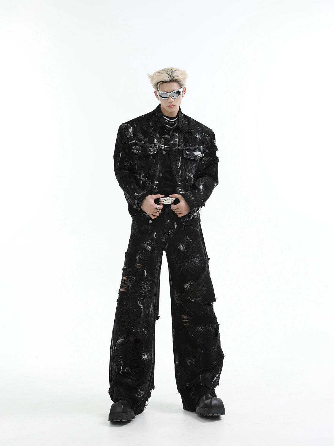 【24s Aug.】 Ink Splash Deconstructed Ripped Denim Suit-IYAMIUIO