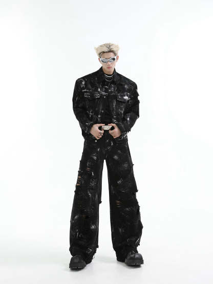 【24s Aug.】 Ink Splash Deconstructed Ripped Denim Suit-IYAMIUIO