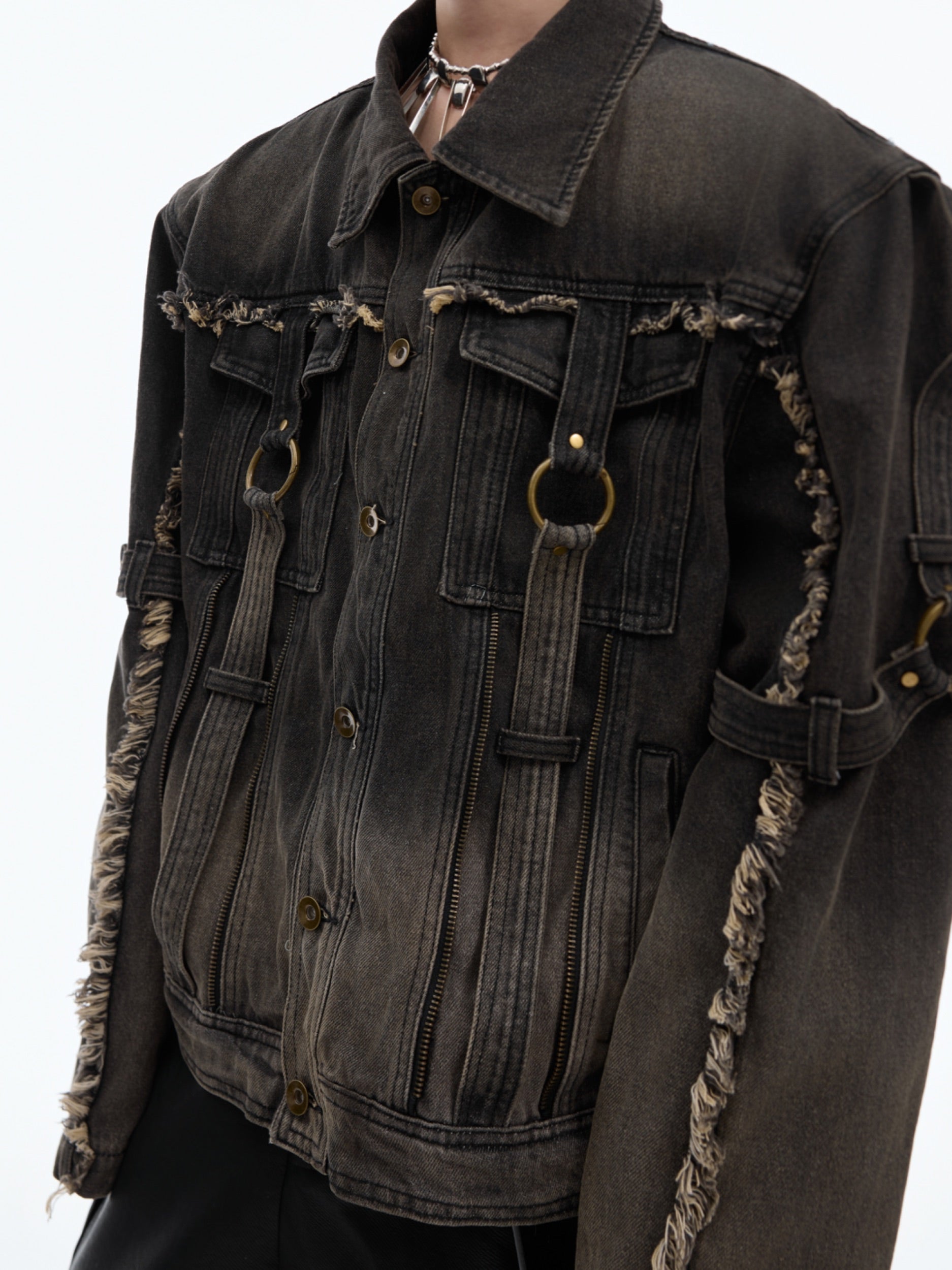 【24s Oct.】Distressed Raw Edge Deconstructed Web Denim Jacket-IYAMIUIO