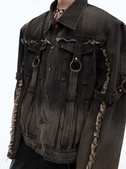 【24s Oct.】Distressed Raw Edge Deconstructed Web Denim Jacket-IYAMIUIO
