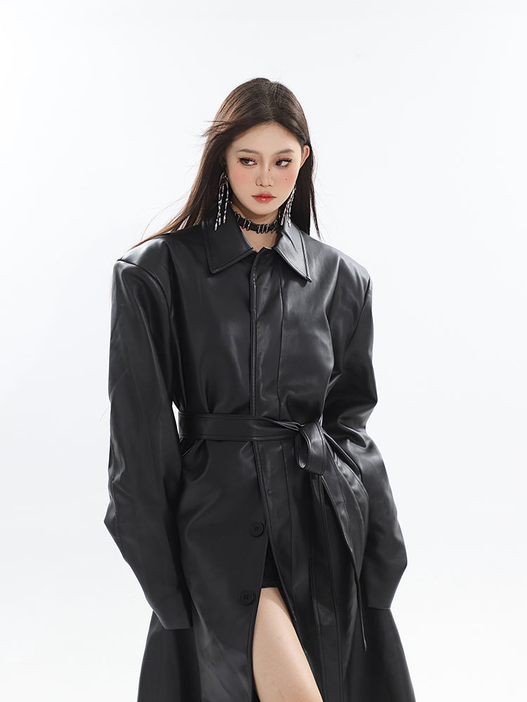 【23s October.】Long PU Leather Windbreaker Jacket-IYAMIUIO