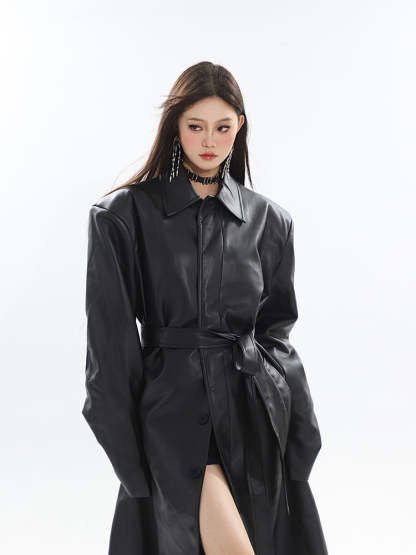 【23s October.】Long PU Leather Windbreaker Jacket-IYAMIUIO