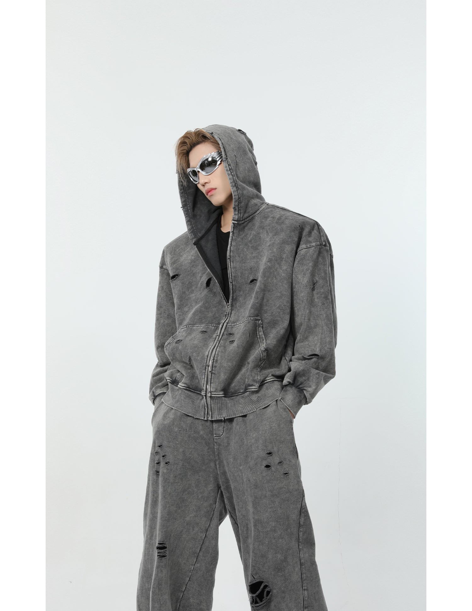 【24s March.】Destroyed Washed Distressed Hooded Cardigan Baggy Pants Suit-IYAMIUIO