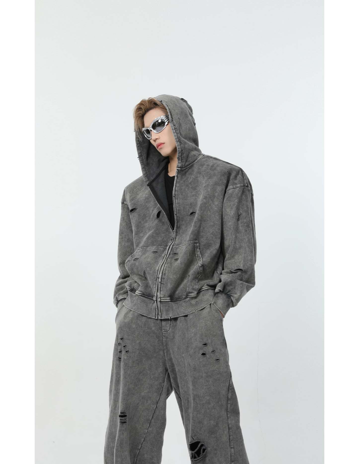【24s March.】Destroyed Washed Distressed Hooded Cardigan Baggy Pants Suit-IYAMIUIO
