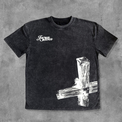 Cross Washed Distressed Short Sleeve T-Shirt-IYAMIUIO