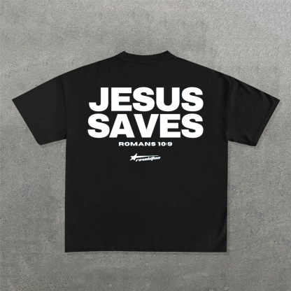 Jesus Saves Print Short Sleeve T-Shirt-IYAMIUIO