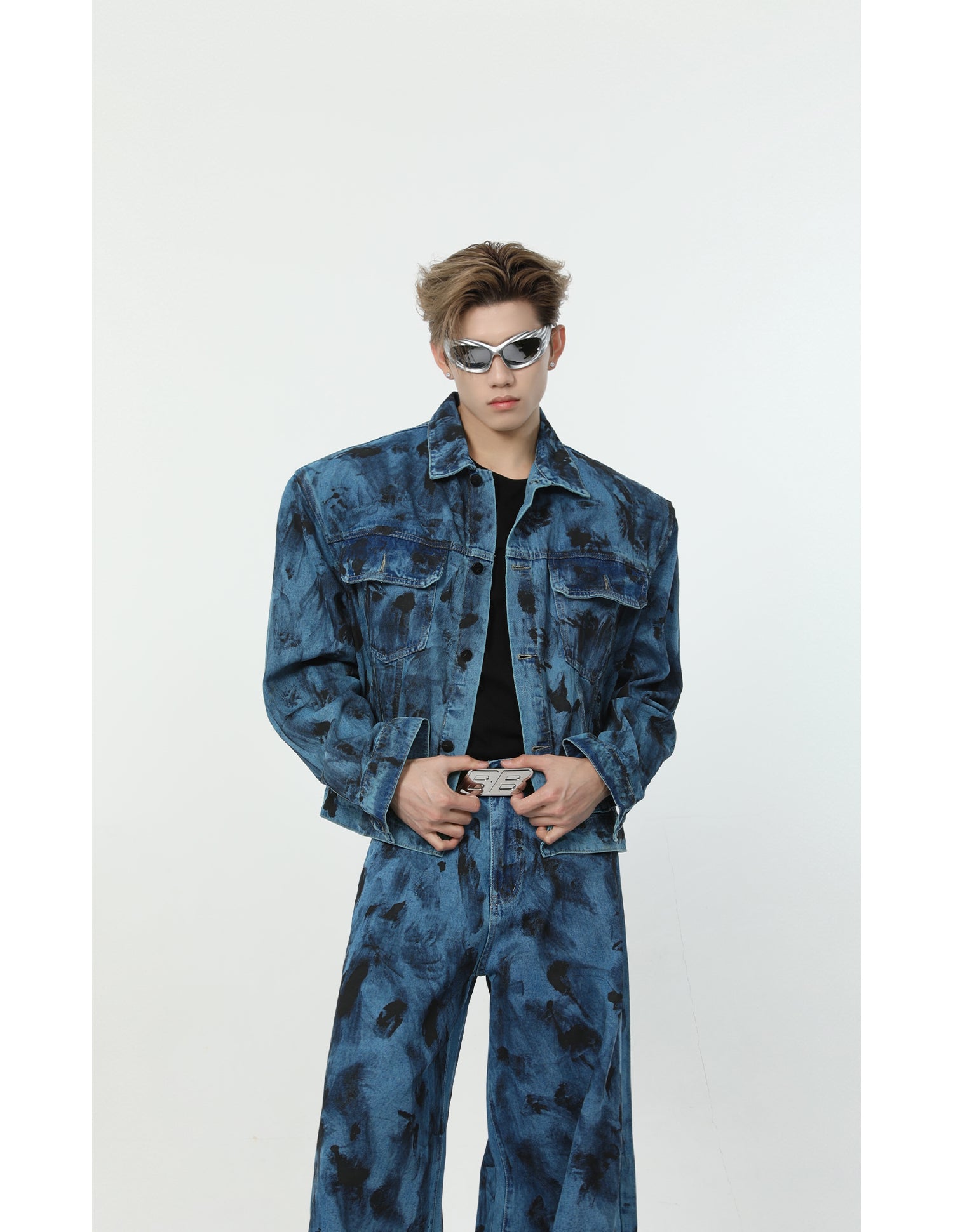 【24s Aug.】Spotted Shoulder Pad Loose Straight Denim Set-IYAMIUIO