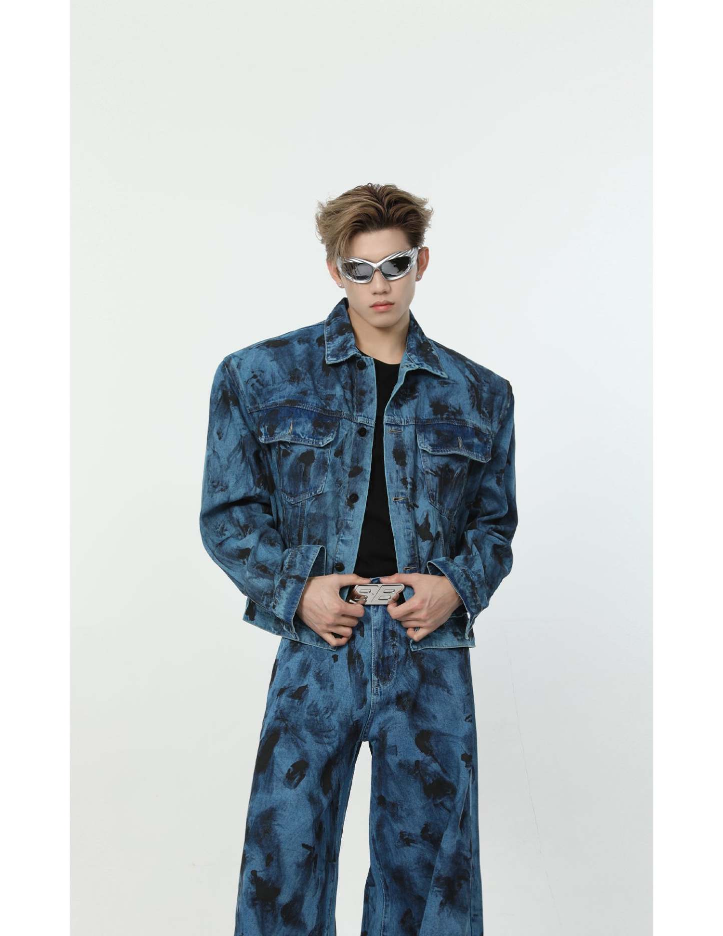 【24s Aug.】Spotted Shoulder Pad Loose Straight Denim Set-IYAMIUIO