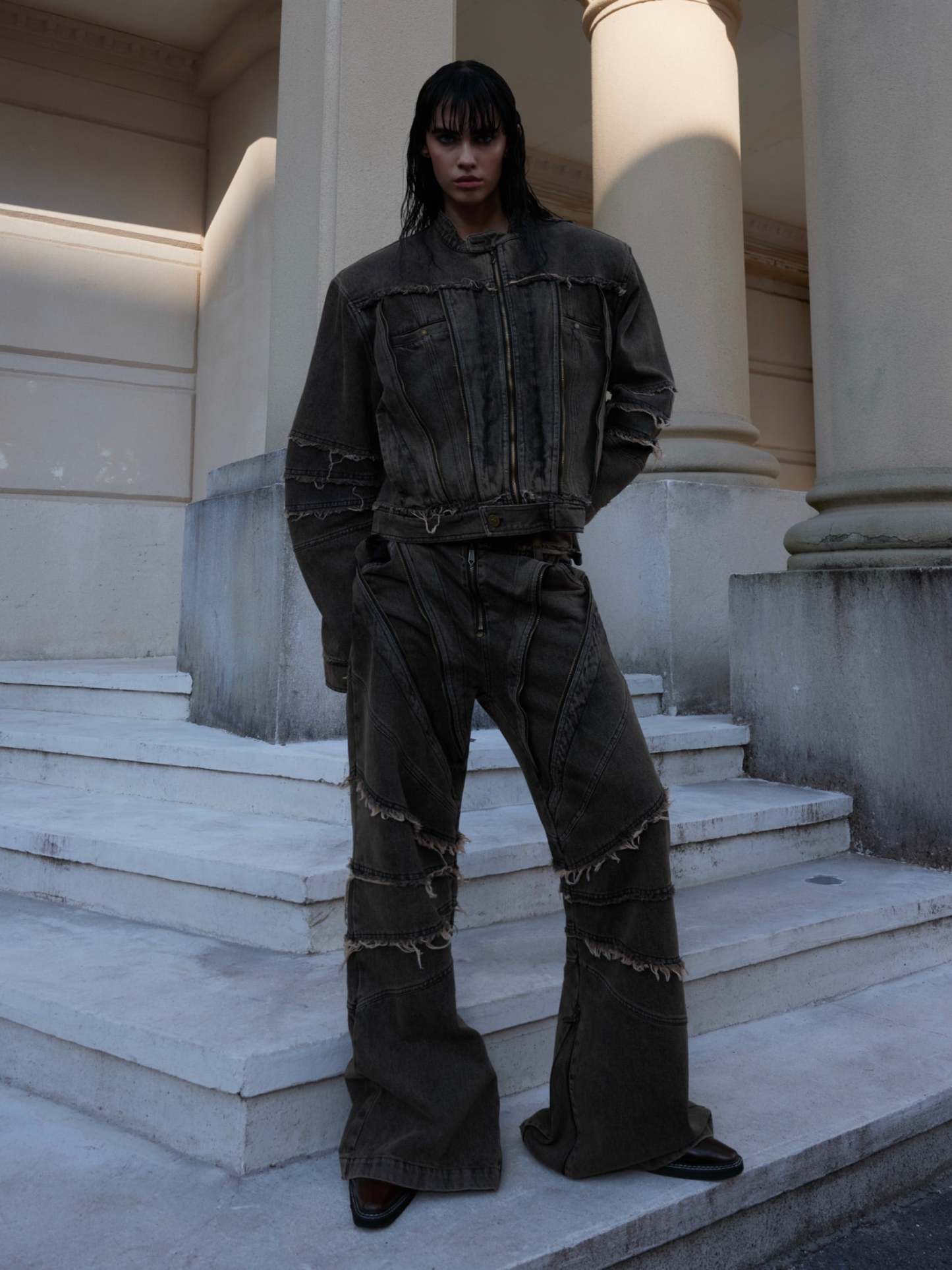 【24s Sep.】Metal Tassel Distressed Washed Denim Suit-IYAMIUIO