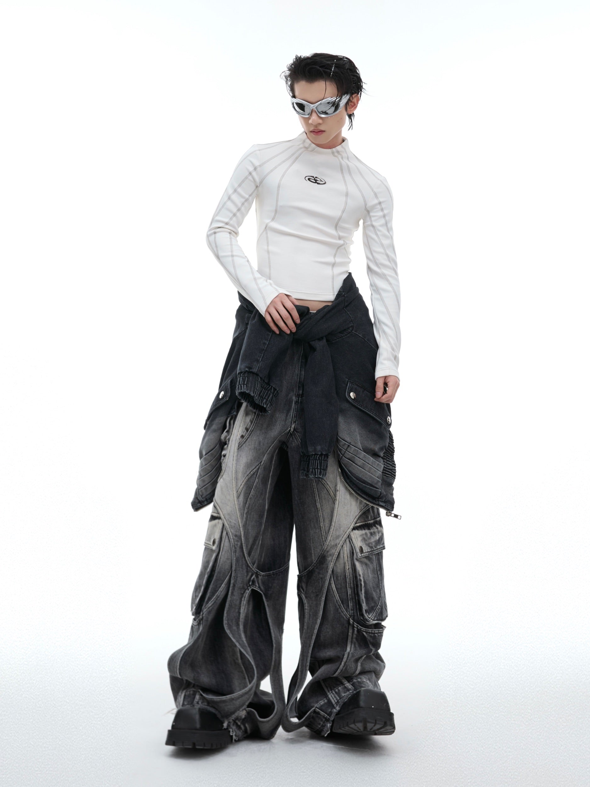 【24s Oct.】Topstitched Metallic Trim Slim-fit Turtleneck Top-IYAMIUIO