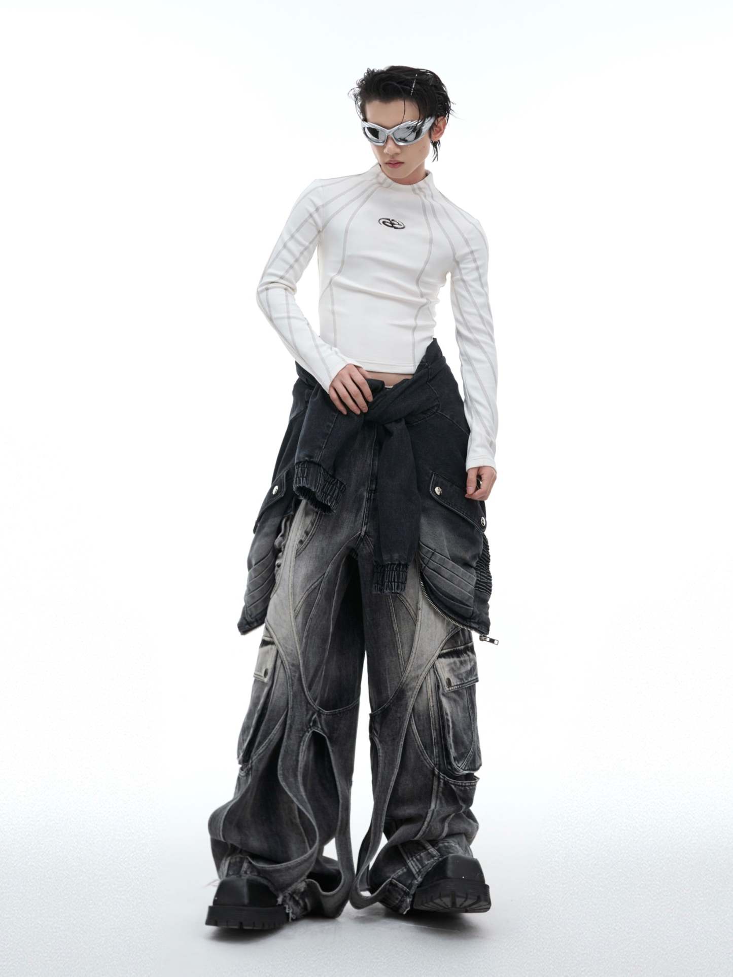 【24s Oct.】Topstitched Metallic Trim Slim-fit Turtleneck Top-IYAMIUIO