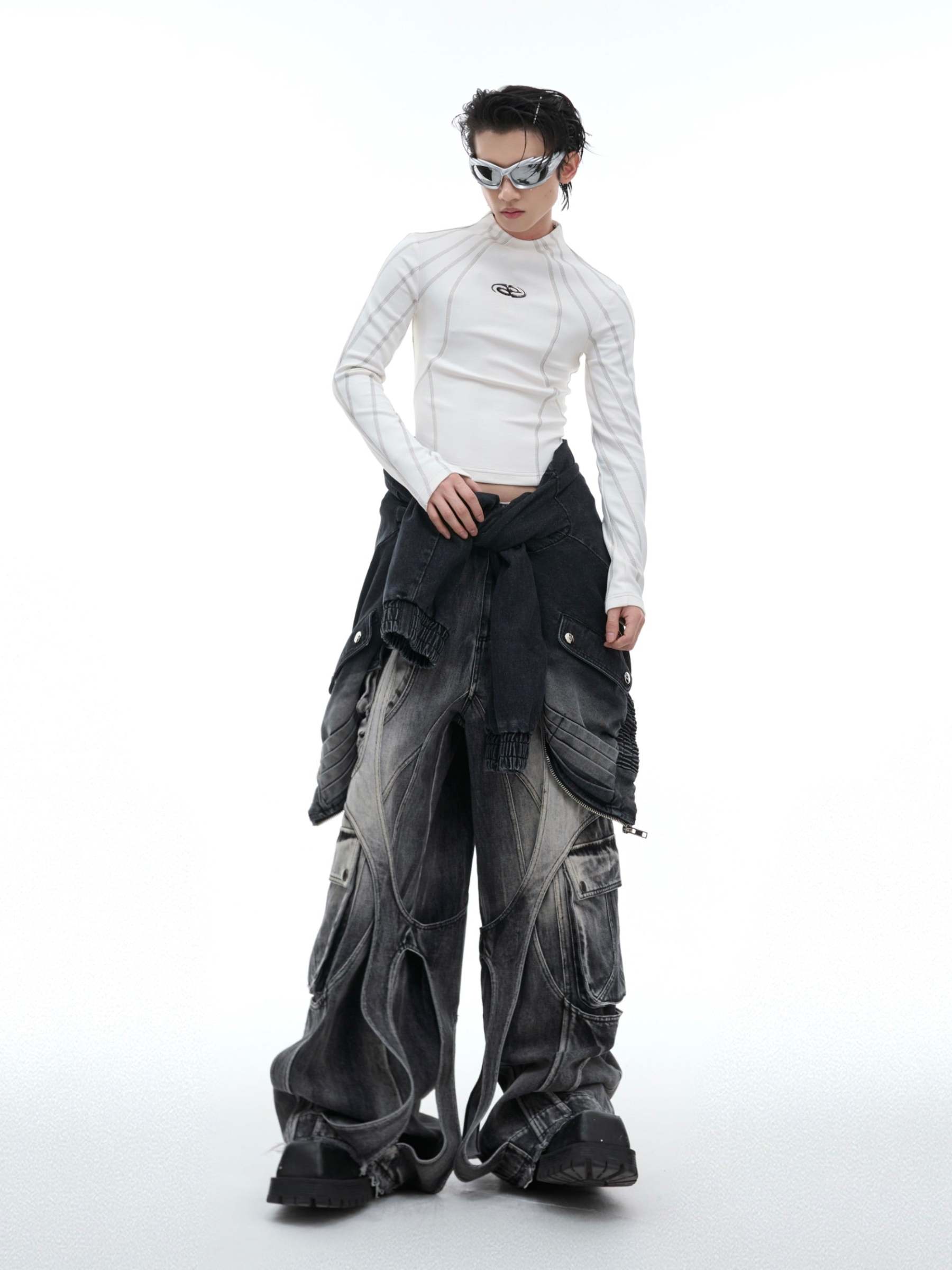 【24s Oct.】Topstitched Metallic Trim Slim-fit Turtleneck Top-IYAMIUIO