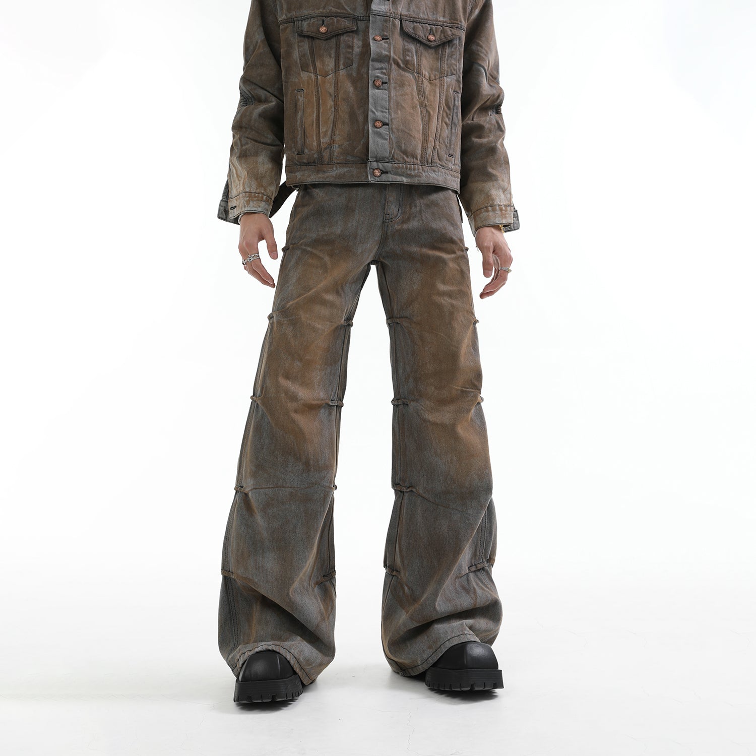 【24s Aug.】Mud-dyed Distressed Denim Shoulder Pad Jacket and Jeans Set-IYAMIUIO