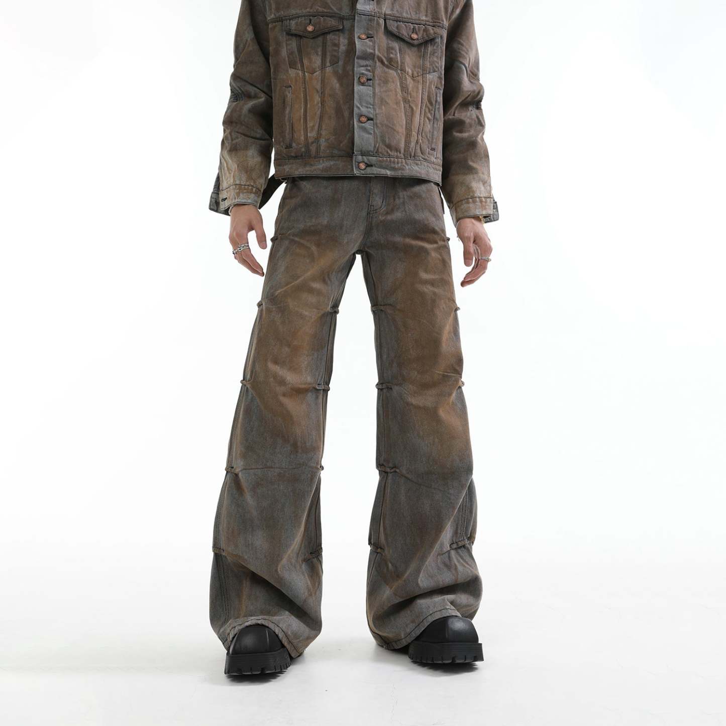 【24s Aug.】Mud-dyed Distressed Denim Shoulder Pad Jacket and Jeans Set-IYAMIUIO