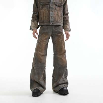 【24s Aug.】Mud-dyed Distressed Denim Shoulder Pad Jacket and Jeans Set-IYAMIUIO