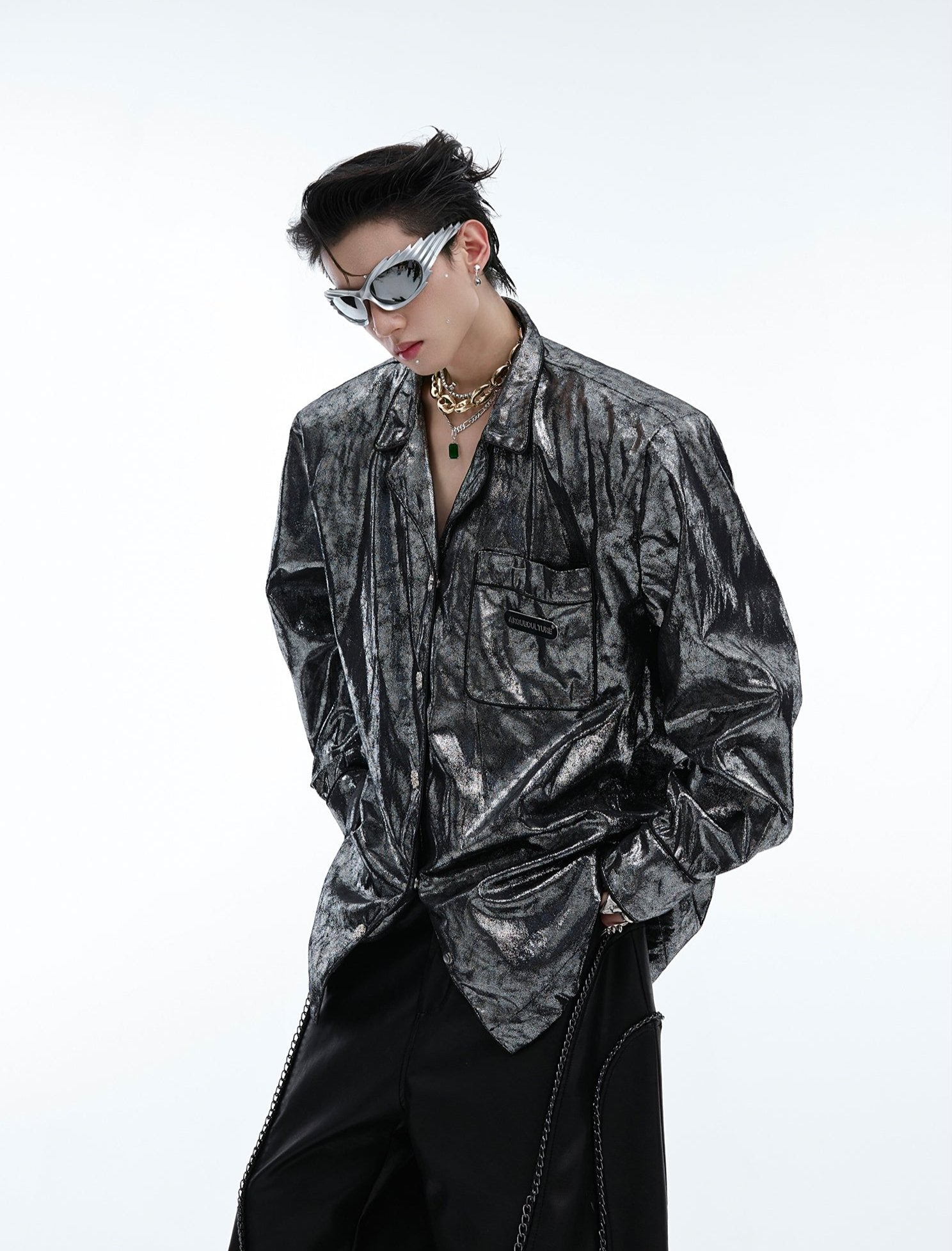 【24s Aug.】Liquid Silver Texture Metal Logo Embellished Shirt-IYAMIUIO