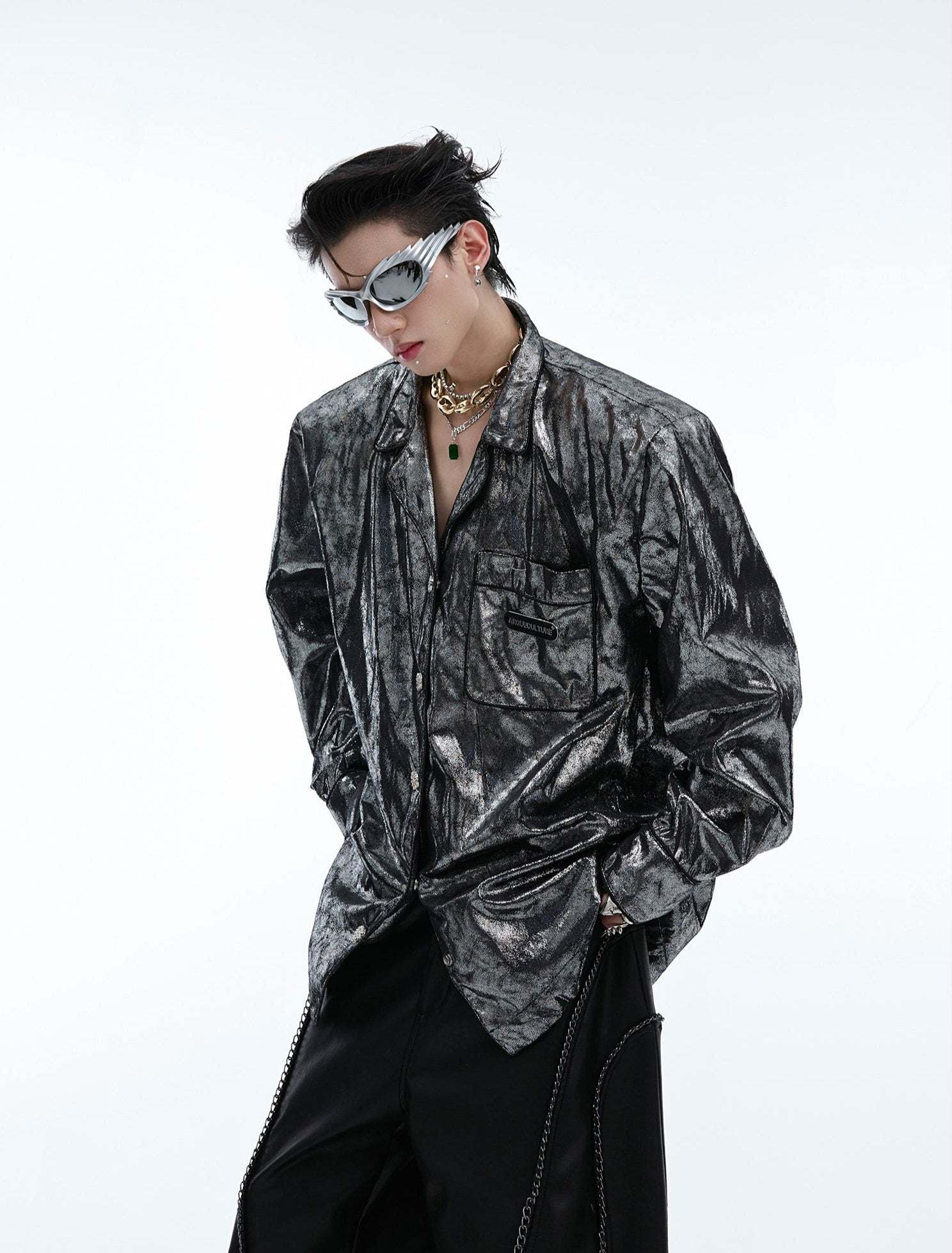 【24s Aug.】Liquid Silver Texture Metal Logo Embellished Shirt-IYAMIUIO