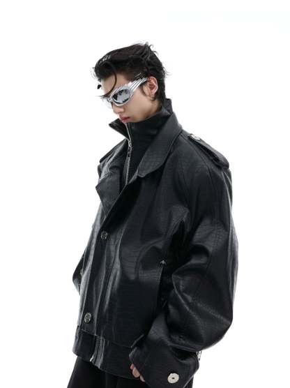 【24s Oct.】Fake Two-piece Crocodile Print Short Leather Jacket-IYAMIUIO