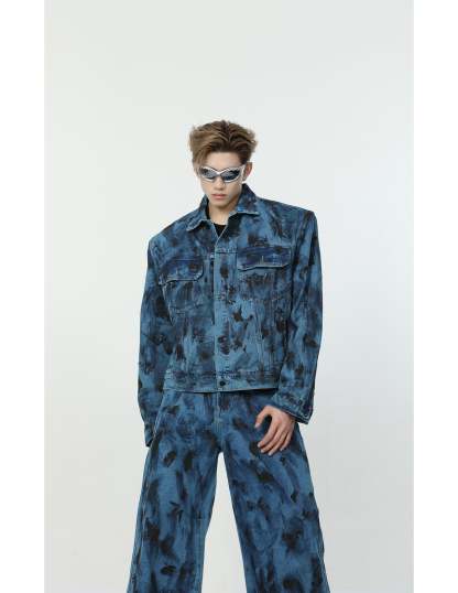 【24s Aug.】Spotted Shoulder Pad Loose Straight Denim Set-IYAMIUIO