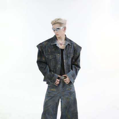 【24s Oct.】Heavy Paint Fashionable Denim Jacket + Jeans-IYAMIUIO