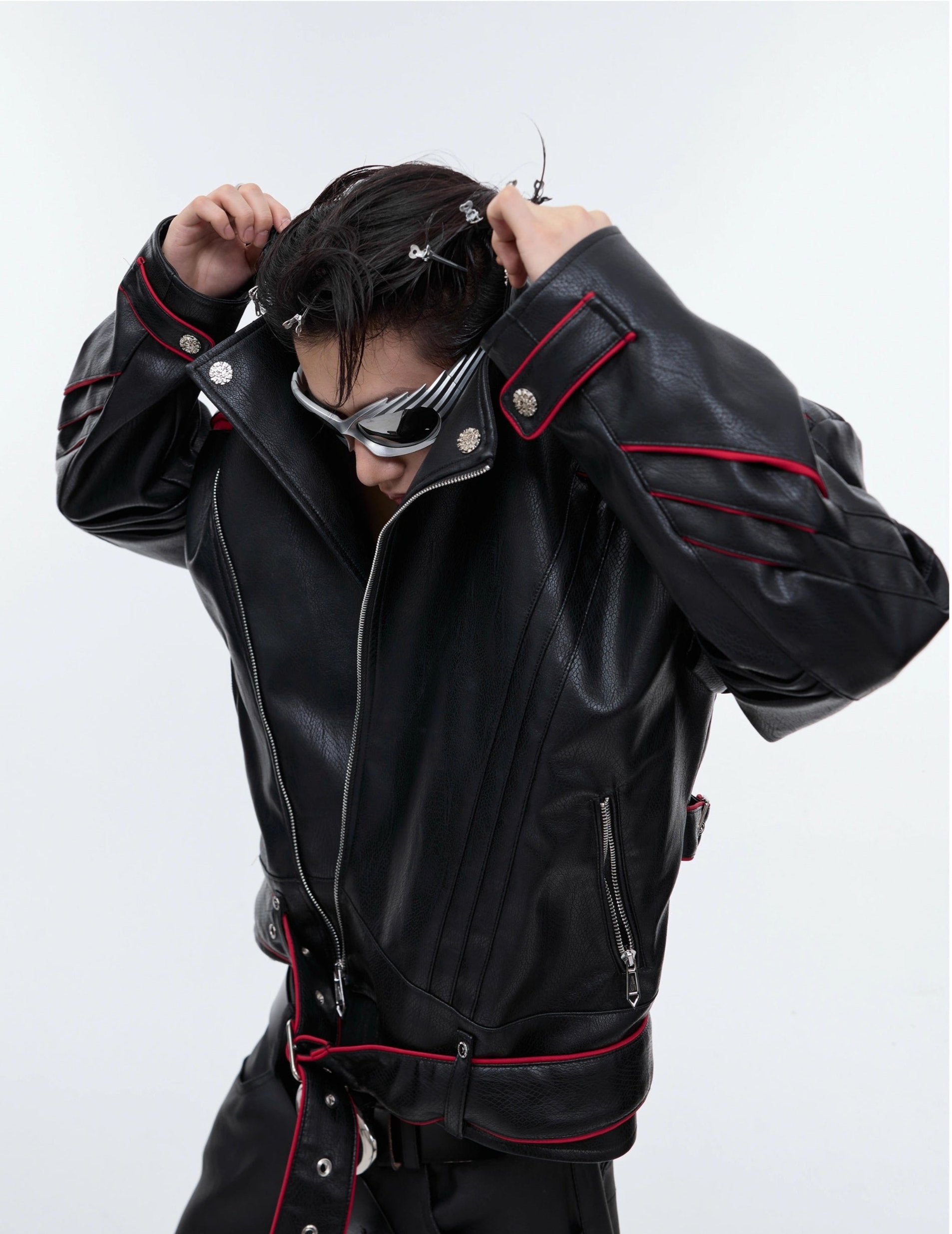 【24s Sep.】Pleated Spine Graphic Cropped Leather Biker Jacket-IYAMIUIO