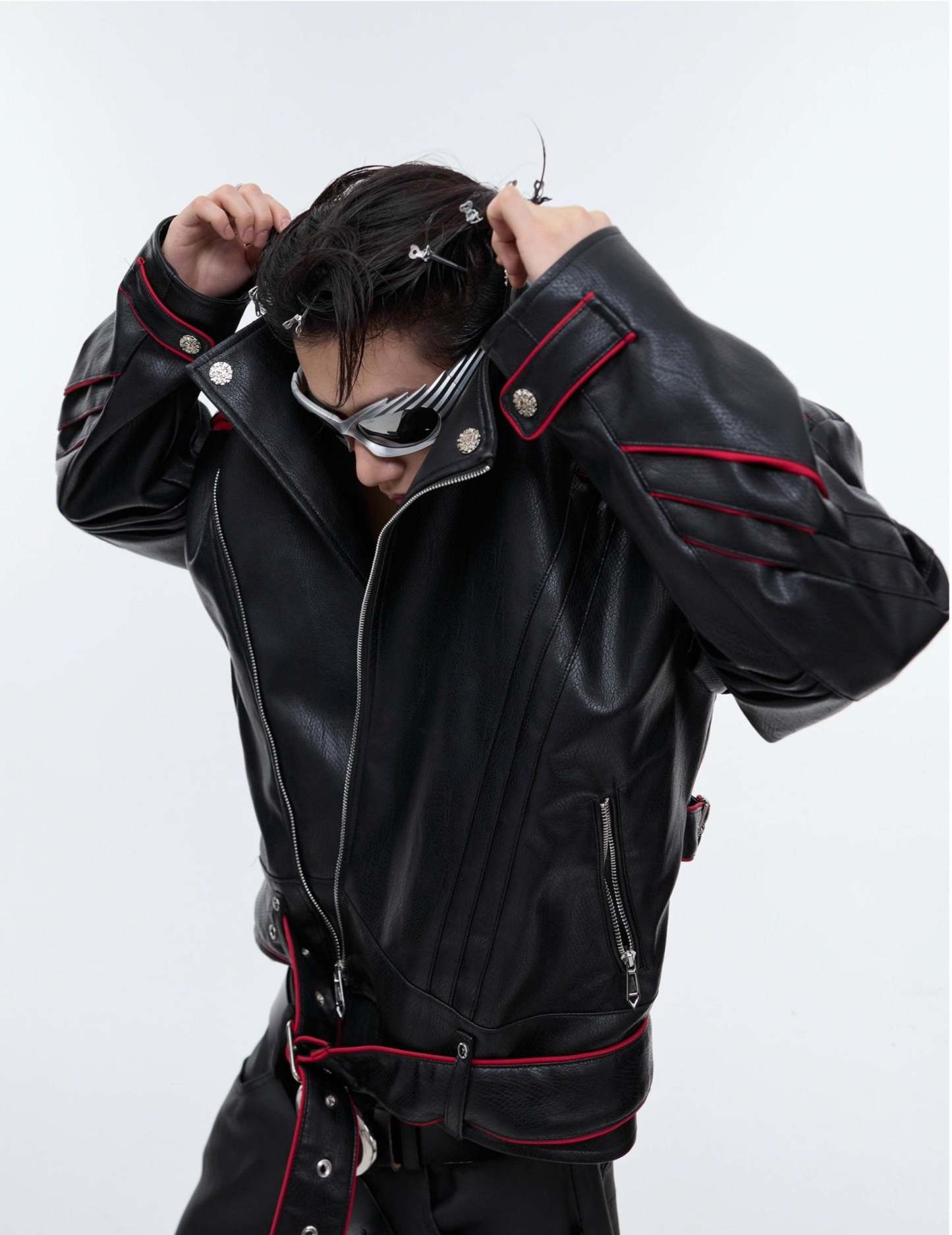 【24s Sep.】Pleated Spine Graphic Cropped Leather Biker Jacket-IYAMIUIO