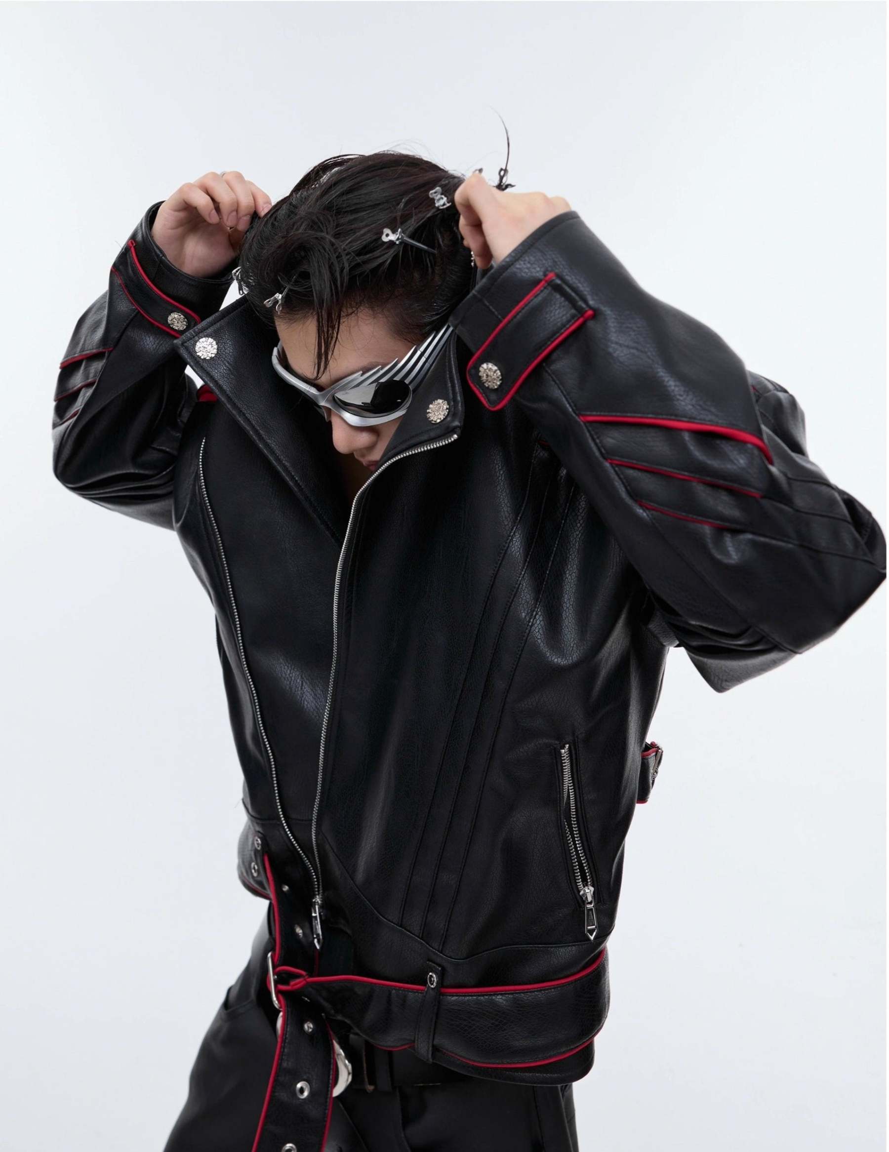 【24s Sep.】Pleated Spine Graphic Cropped Leather Biker Jacket-IYAMIUIO