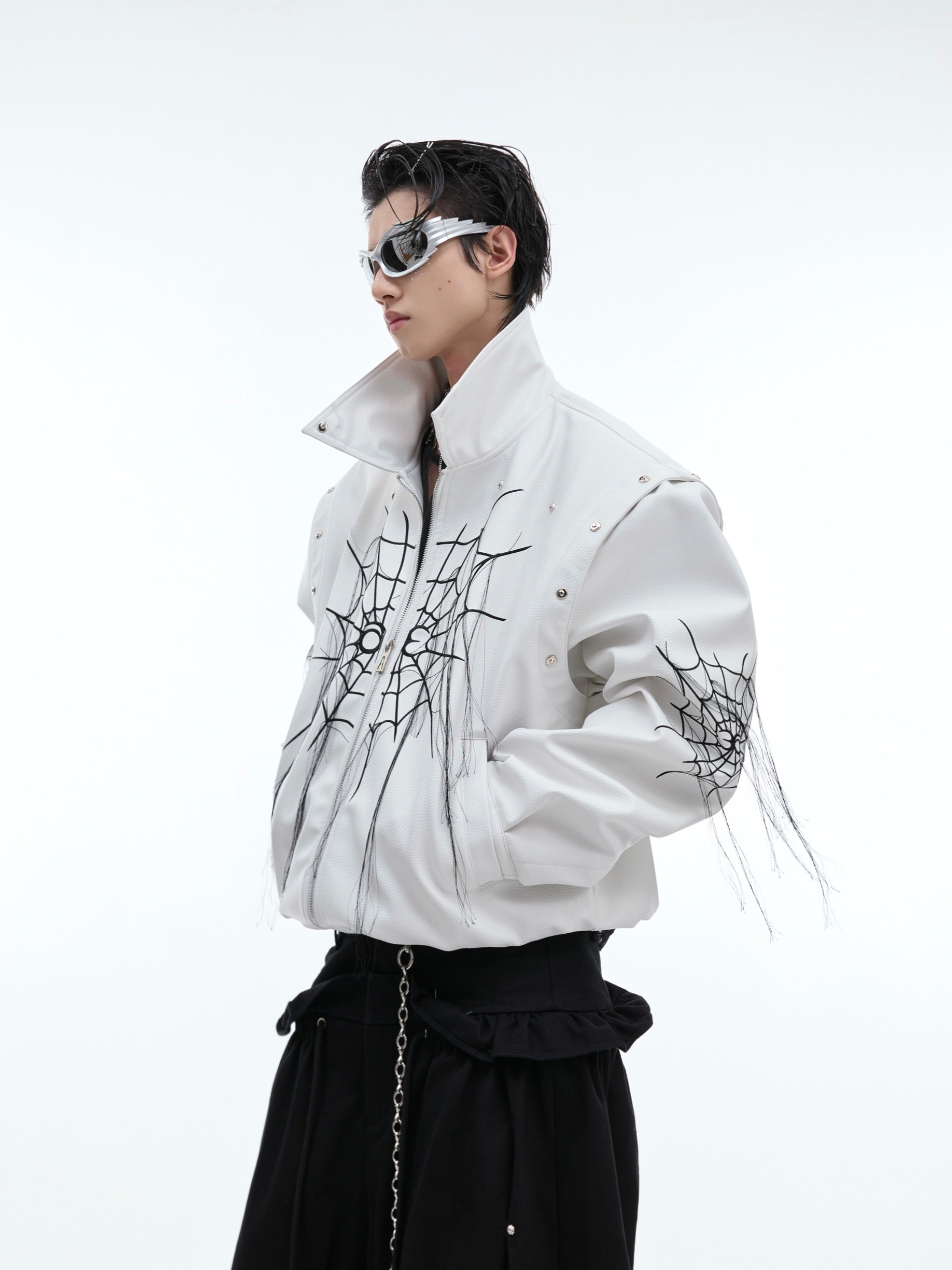 【24s Sep.】Spiderweb Metal Studded Tassel Leather Jacket-IYAMIUIO