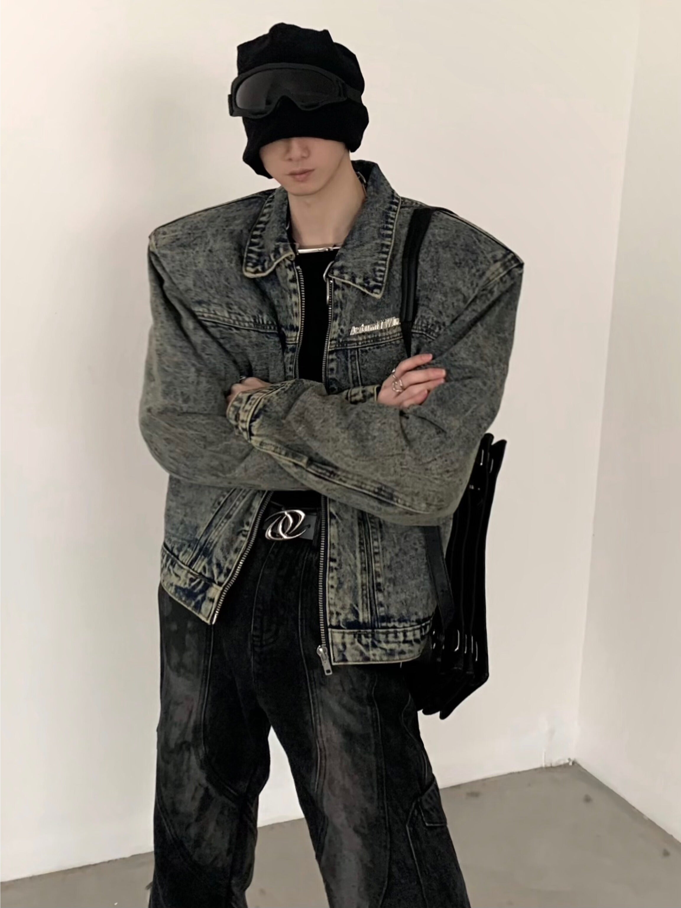 【24s March.】Retro Two-tone Shoulder Padded Denim Jacket-IYAMIUIO