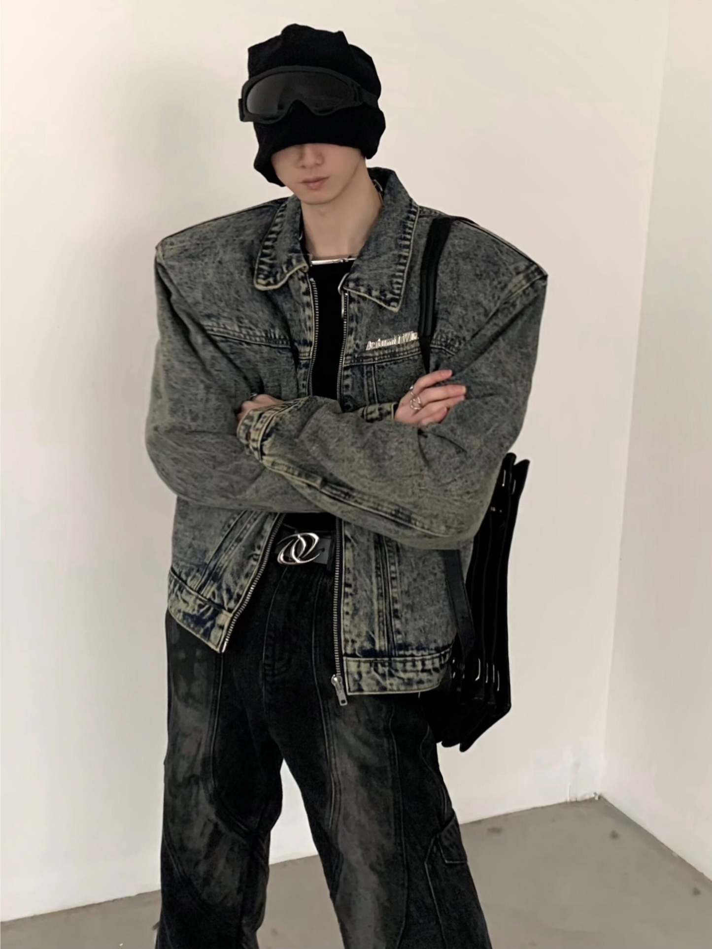 【24s March.】Retro Two-tone Shoulder Padded Denim Jacket-IYAMIUIO